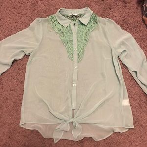 Sheer mint button down with tie on bottom